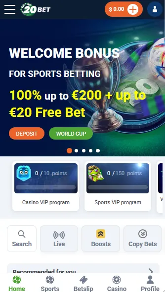 Aperçu de l'application mobile 20Bet pour paris sportifs et casino