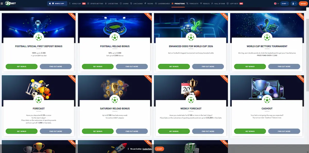 Page des promotions 20Bet : bonus football, Coupe du Monde 2026 et paris gratuits