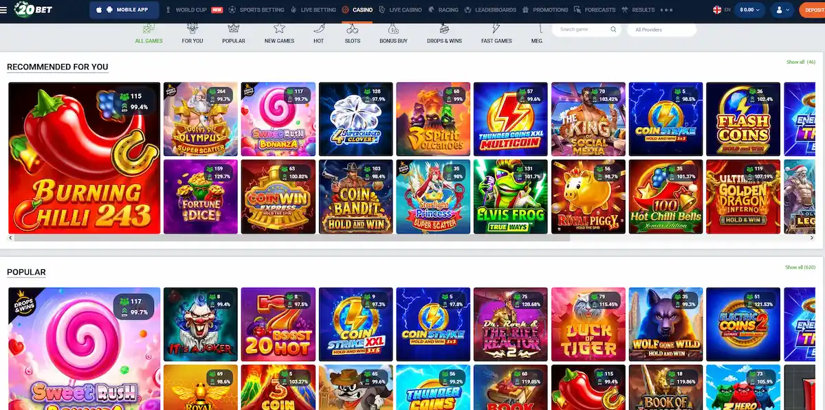 Catalogue de jeux de casino 20Bet avec machines à sous populaires et recommandées