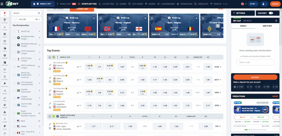 Page des paris sportifs 20Bet avec cotes sur la Coupe du Monde et grands championnats