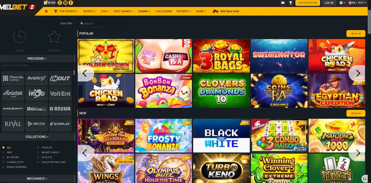 Casino Melbet : catalogue de machines à sous avec filtres par fournisseur, titres populaires et nouveautés 2026