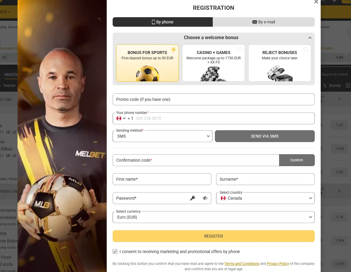 Inscription Melbet au Canada : formulaire d'enregistrement avec sélection du bonus de bienvenue sport jusqu'à 90 EUR