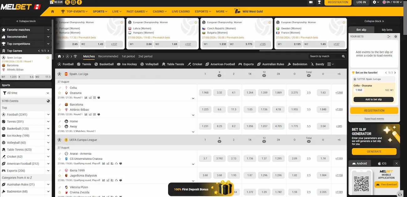 Interface de paris sportifs Melbet : cotes en direct sur La Liga et l'UEFA Europa League depuis le Canada