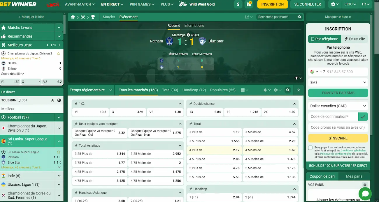 Paris en direct Betwinner avec plus de 30 marchés par événement