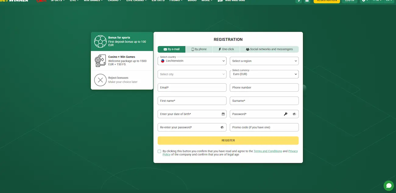 Formulaire d'inscription sur la plateforme Betwinner