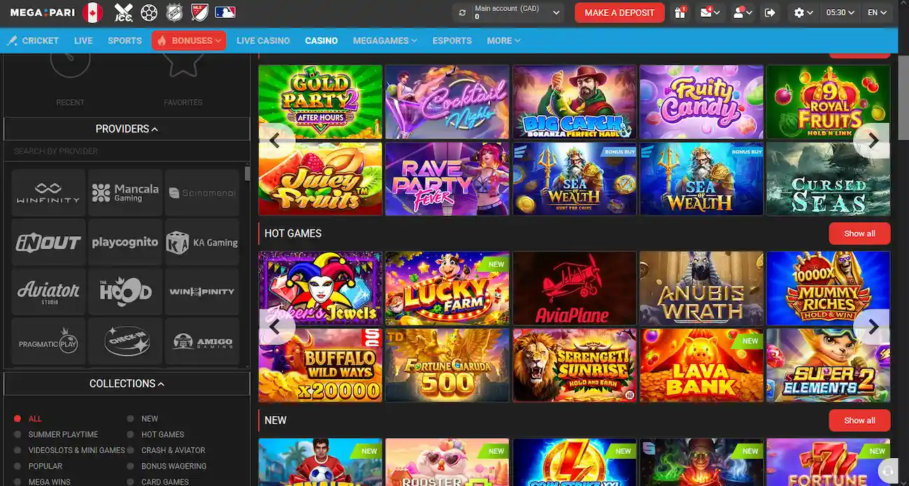 Casino Megapari : machines a sous, jeux crash et fournisseurs disponibles au Canada