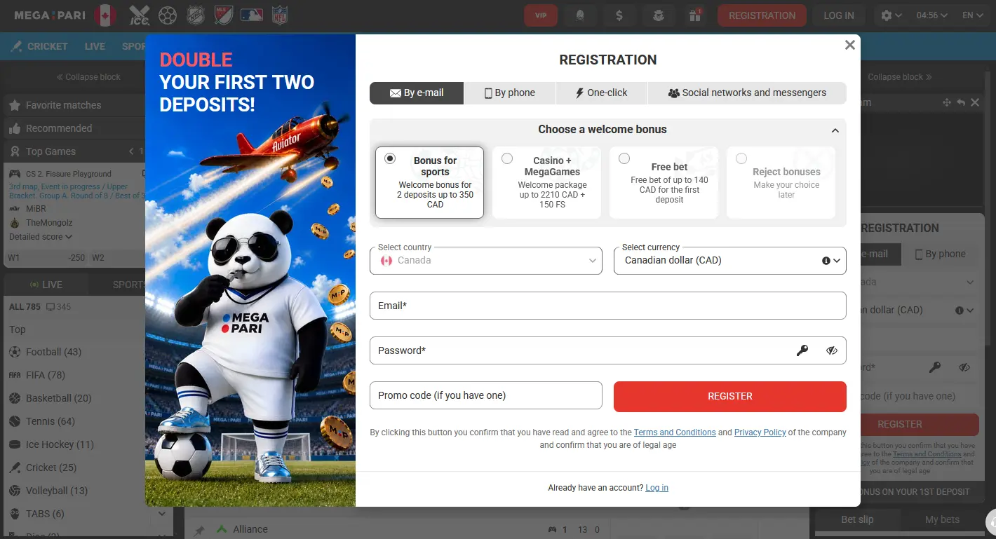 Inscription Megapari au Canada : formulaire d'enregistrement avec bonus de bienvenue jusqu'a 350 $ CAD