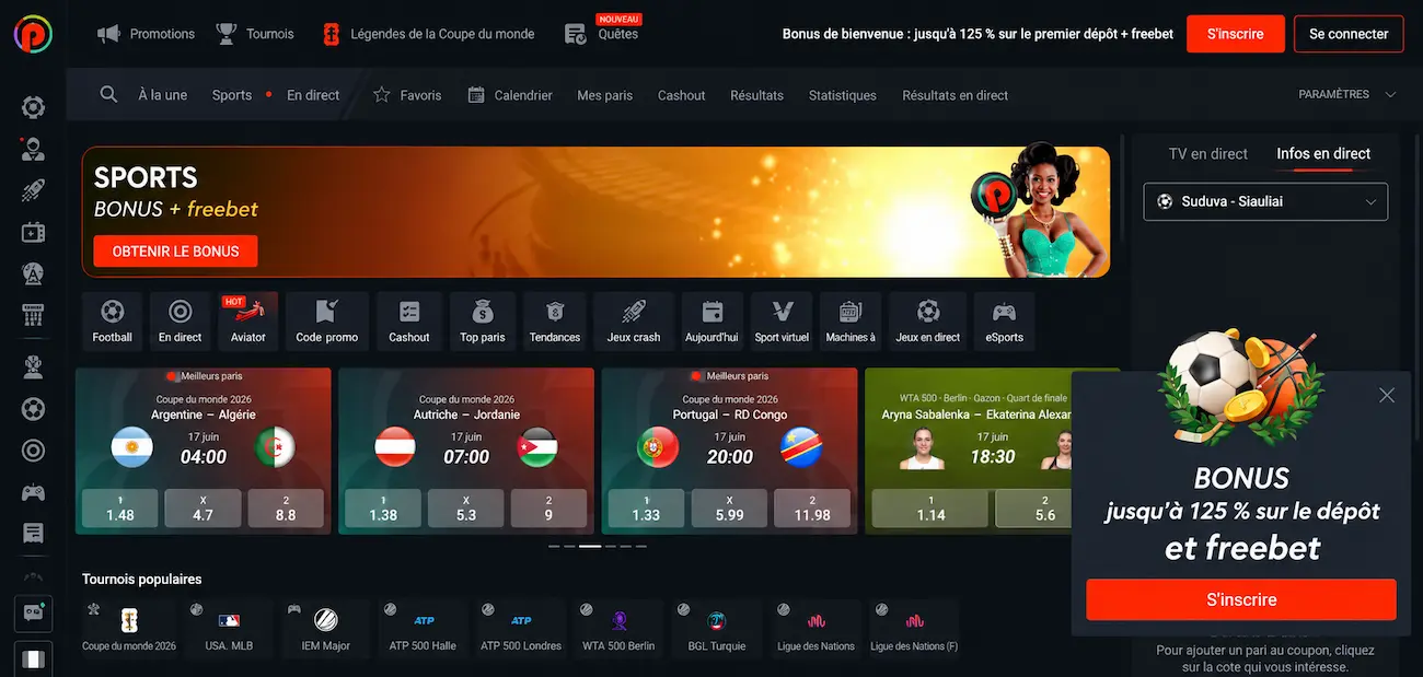 Interface de paris sportifs Pin-Up Bet : cotes en direct sur la LNH depuis le Québec