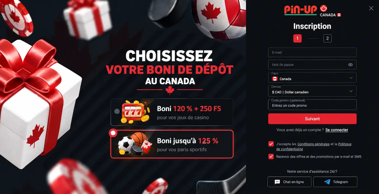 Inscription Pin-Up Bet au Québec : choix du bonus de dépôt jusqu'à 125 % sur les paris sportifs