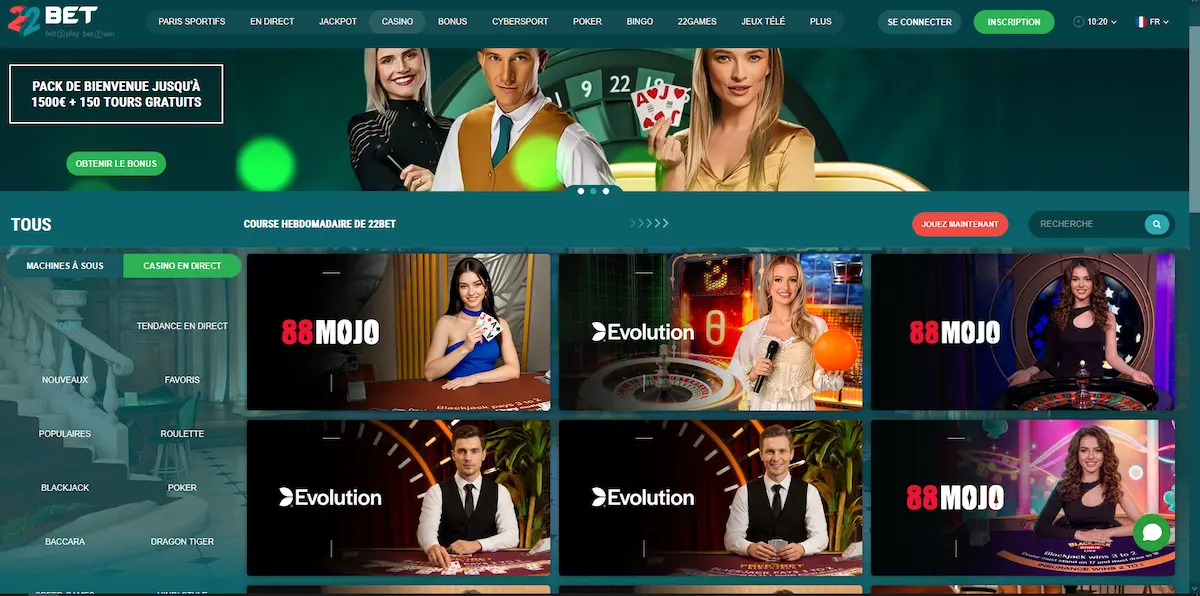 Casino 22bet avec plus de 3 000 jeux et casino en direct