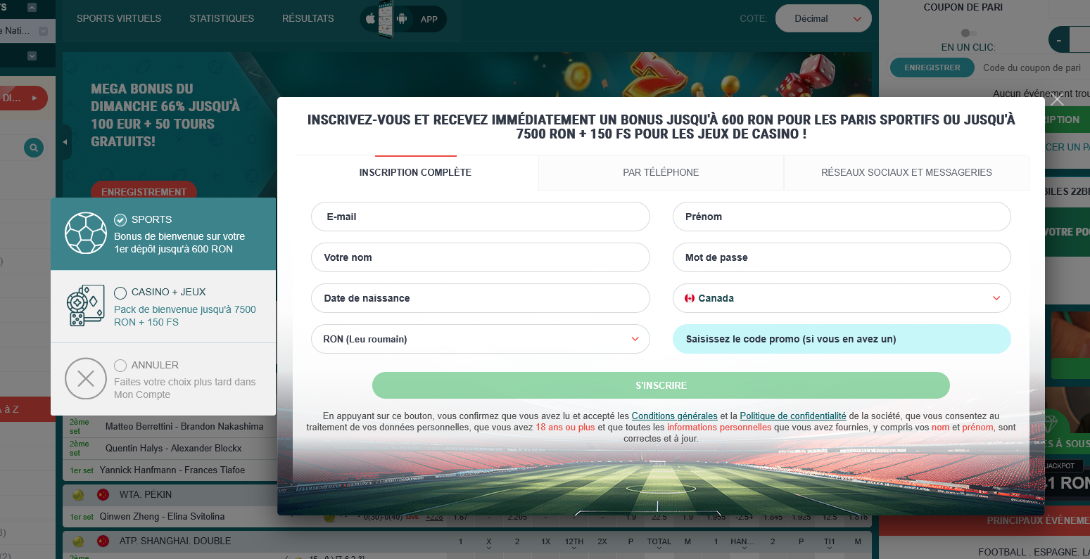 Inscription 22bet en dollars canadiens avec dépôt minimum de 1 $ CAD