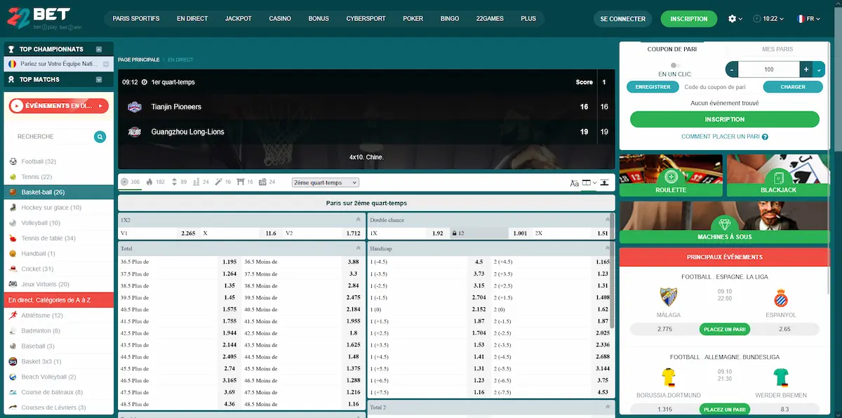 Paris en direct 22bet avec streaming HD et vente de coupon