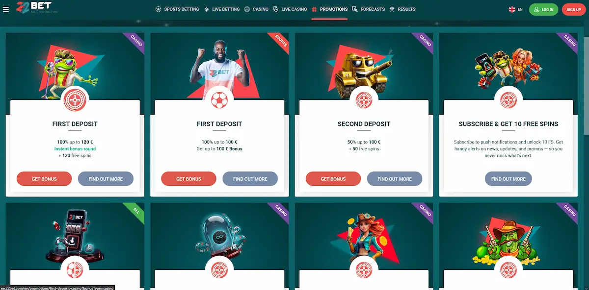 Promotions 22bet dont le pack casino de 2 210 $ CAD et 150 tours gratuits