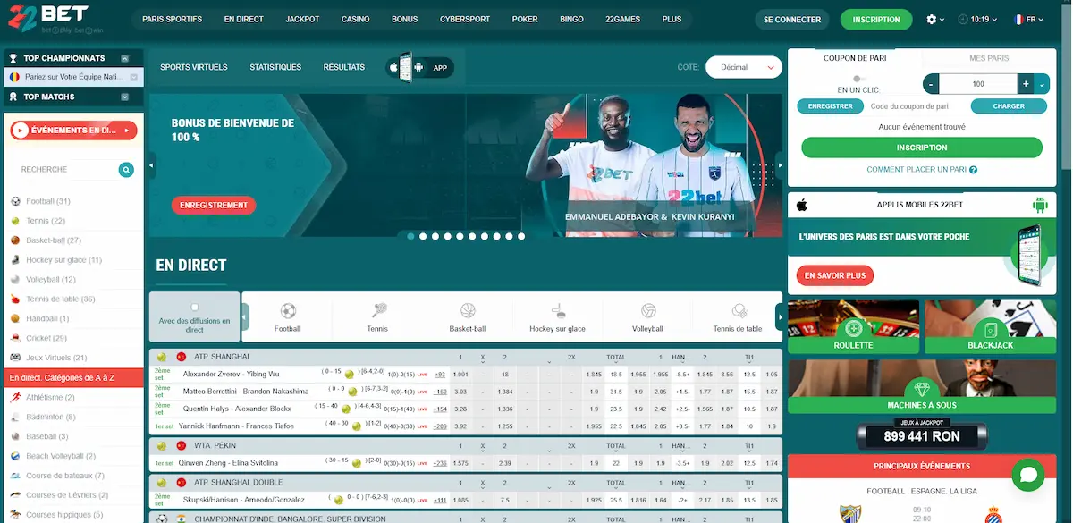 Paris sportifs 22bet sur plus de 40 sports dont la LNH et la NBA